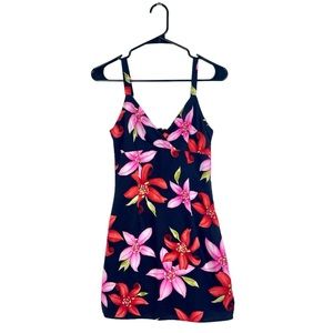 Y2K Sundress, Size 5 Small, Hawaiian, Tropical Floral, Black, Red, Pink, Mini